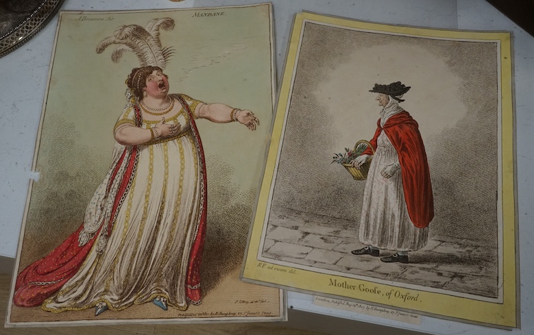 James Gilray (English, 1756-1815) Mother-Goofe, of Oxford & A Bravura Air hand coloured engravings 1807 & 1801, 28 x 21cm & 35 x 24cm. both unframed. Condition - cropped to the margins, small loss at the side of Bravura